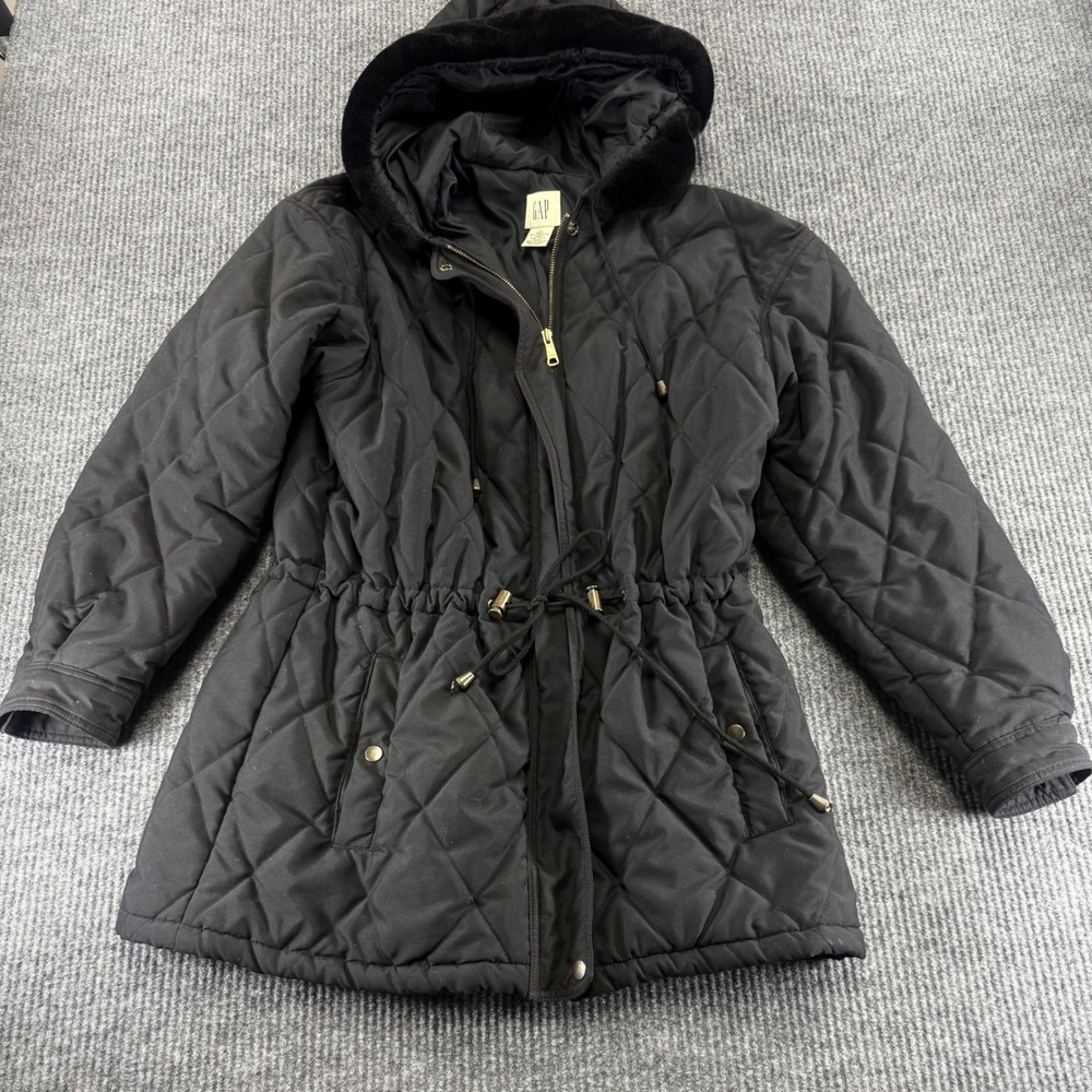 Gap Vintage Black Quilted Parka Jacket Faux Fur Hood Drawstring Waist Womens M
